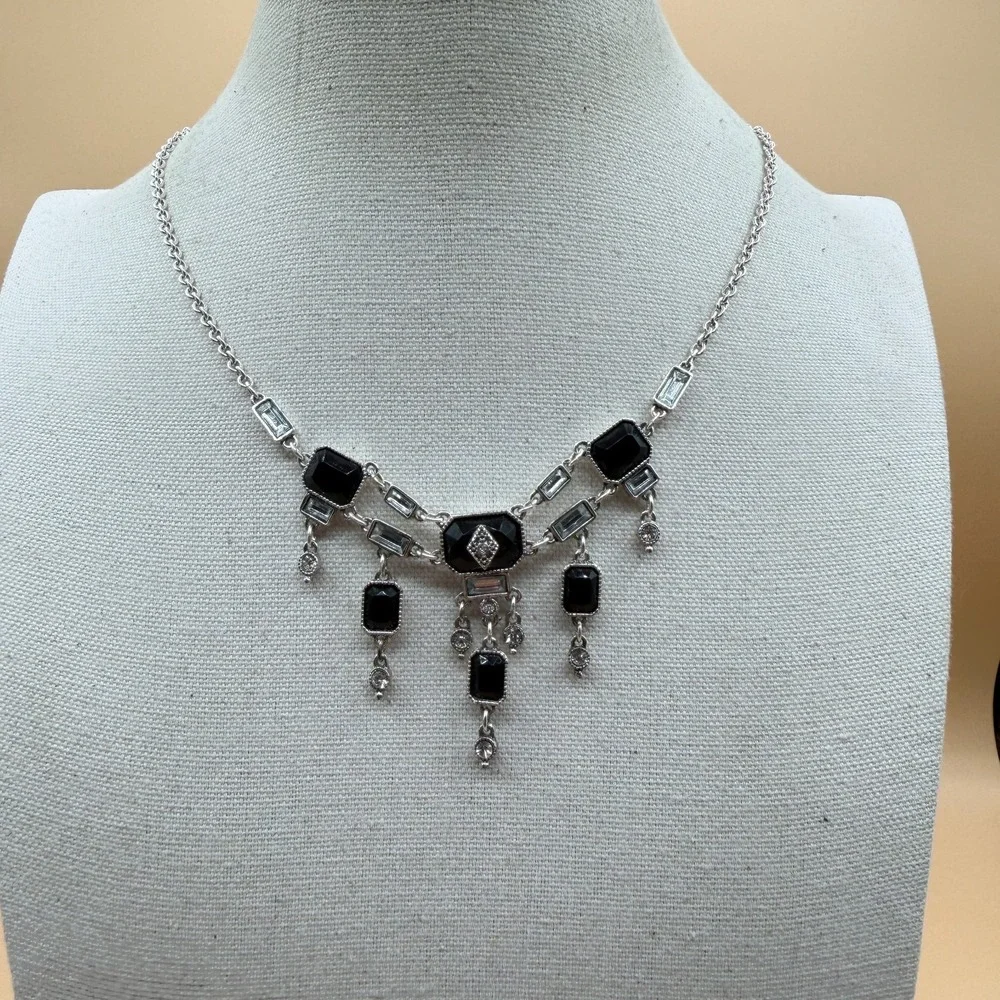 Black Faceted Crystal Rhinestone Silver Tone Dangle Bib Statement Necklace Deco